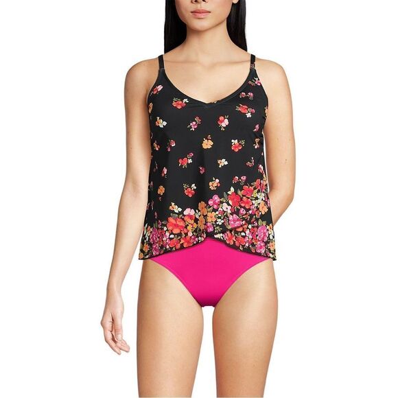 Land's End Plus Standard V neck Tulip tankini top Black Meadow Floral Border Var - Picture 4 of 6